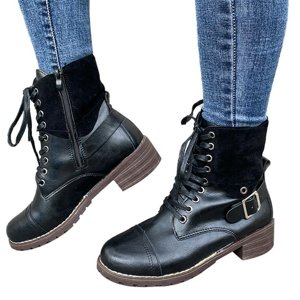 Womens Combat Army Military Lace Up Ankle Boots Flat Hidden Heel Biker Shoes 